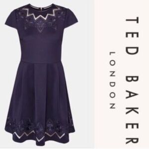 Ted Baker London Cheskka Navy Blue Lace and Mesh Skater Dress Ted Size 4 (US 10)